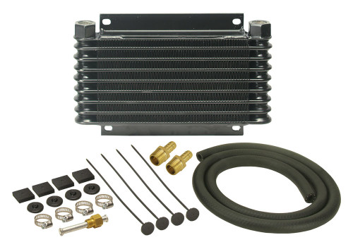 Fluid Cooler - 9000 Series - 10.125 x 4.375 x 1.25 in - Plate and Fin Type - 1/2 in NPT Female Inlet / Outlet - 3/8 in Hose Barb Adapters - Fitting / Hardware / Hose - Aluminum - Black Powder Coat - Automatic Transmission - Kit