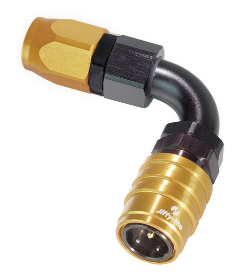 Quick Release Hose End - 2000 Series - 90 Degree - 6 AN Hose to Quick Release Socket - Valved - FKM Seal - Aluminum - Black / Gold Anodized - Each