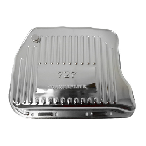 Transmission Pan - Deep Sump - Ribbed - 2.75 in Deep - Adds 2.0 qt Capacity - Ribbed - Steel - Chrome - Torqueflite - Each