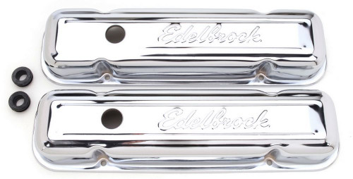 Valve Cover - Signature Series - Short - Breather Hole - Grommets - Edelbrock Logo - Steel - Chrome - Pontiac V8 - Pair