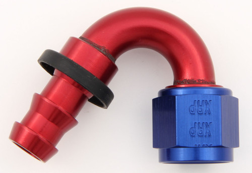Fitting - Hose End - Push-On - 150 Degree - 12 AN Hose Barb to 12 AN Female - Aluminum - Blue / Red Anodized - Each
