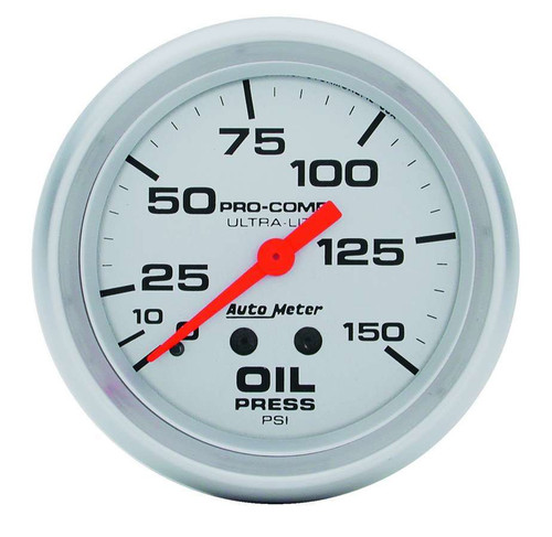 Oil Pressure Gauge - Ultra-Lite - 0-150 psi - Mechanical - Analog - Full Sweep - 2-5/8 in Diameter - Silver Face - Each