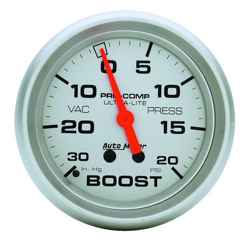 Boost / Vacuum Gauge - Ultra-Lite - 30 in HG-20 psi - Mechanical - Analog - 2-5/8 in Diameter - Silver Face - Each