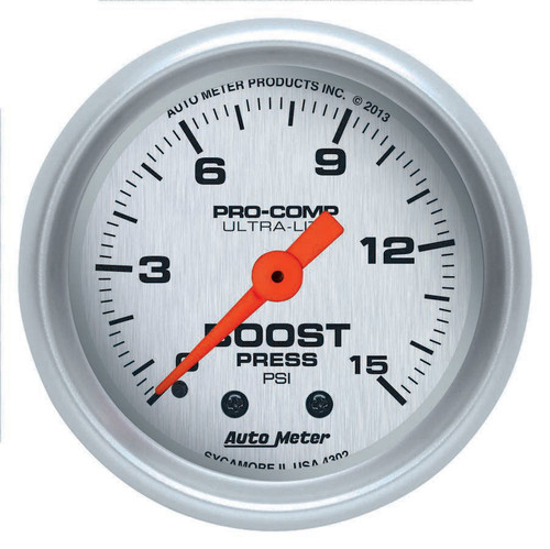 Boost Gauge - Ultra-Lite - 0-15 psi - Mechanical - Analog - 2-1/16 in Diameter - Silver Face - Each