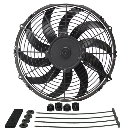Electric Cooling Fan - High Output - 12 in Fan - Puller - 1328 CFM - 12V - Curved Blade - 13-3/16 x 12-1/2 in - 2-1/2 in Thick - Install Kit - Plastic - Kit