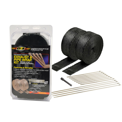 Exhaust Wrap - Titanium - 2 in Wide - Two 50 ft Rolls - Stainless Locking Ties - Woven Fiberglass - Black - Pair