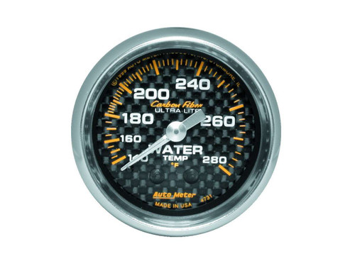 Water Temperature Gauge - Carbon Fiber - 140-280 Degree F - Mechanical - Analog - Full Sweep - 2-1/16 in Diameter - Carbon Fiber Look Face - Each Water Temperature Gauge - Carbon Fiber - 140-280 Degree F - Mechanical - Analog - Full Sweep - 2-1/16 in Diameter - Carbon Fiber Look Face - Each