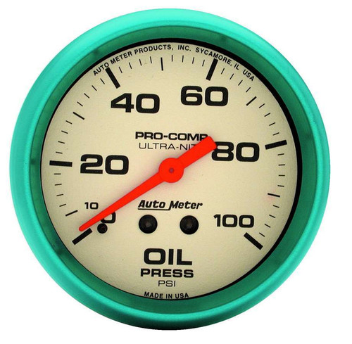 Oil Pressure Gauge - Ultra-Nite - 0-100 psi - Mechanical - Analog - Full Sweep - 2-5/8 in Diameter - White Face - Each