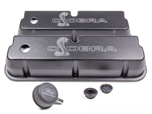 Valve Cover - Tall - Baffled - Breather Hole - Oil Fill Cap - Cobra Logo - Aluminum - Black Powder Coat - Small Block Ford - Pair