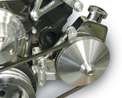 Power Steering Pump Bracket - Adjustable - Driver Side Mount - Aluminum - Clear Powder Coat - Canister Style Pump - Small Block Chevy - Kit
