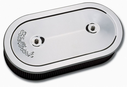 Air Cleaner Assembly - Pro-Flo - 13.5 x 7 in Oval - 3.5 in Tall - Dual 5-1/8 in Carb Flange - Raised Base - Steel - Chrome - Kit Air Cleaner Assembly - Pro-Flo - 13.5 x 7 in Oval - 3.5 in Tall - Dual 5-1/8 in Carb Flange - Raised Base - Steel - Chrome - Kit