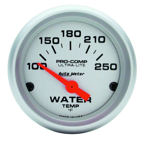 Water Temperature Gauge - Ultra-Lite - 100-250 Degree F - Electric - Analog - Short Sweep - 2-1/16 in Diameter - Silver Face - Each Water Temperature Gauge - Ultra-Lite - 100-250 Degree F - Electric - Analog - Short Sweep - 2-1/16 in Diameter - Silver Face - Each