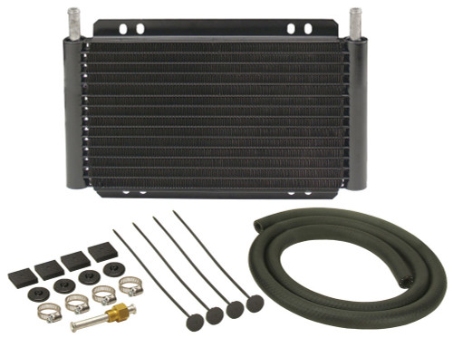 Fluid Cooler - 11 x 7.25 x 0.875 in - Plate and Fin Type - 11/32 in Hose Barb Inlet / Outlet - Fitting / Hardware / Hose - Aluminum - Black Powder Coat - Automatic Transmission - Kit