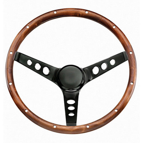 Steering Wheel - Classic Series - 13-1/2 in Diameter - 3-3/4 in Dish - 3-Spoke - Wood Grip - Steel - Black Paint - Each