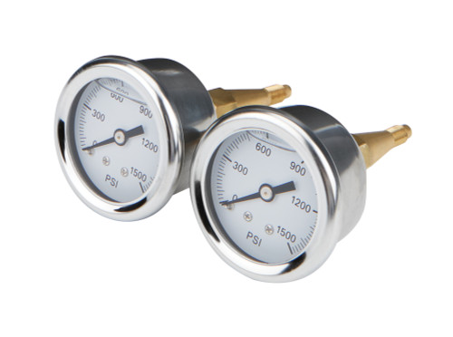 Brake Pressure Gauge - 0-1500 psi - Mechanical - Analog - Dual Gauges - Full Sweep - 1-1/2 in Diameter - 1/4-28 in Thread - White Face - Pair