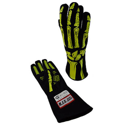 Driving Gloves - Skeleton - SFI 3.3/1 - Single Layer - Nomex - Black / Yellow - X-Large - Pair