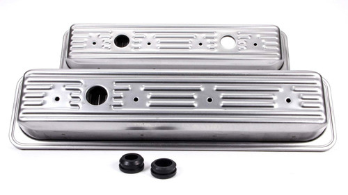 Valve Cover - Short - 2-3/8 in Height - Baffled - Breather Holes - Grommets Included - Steel - Natural - Center Bolt - Small Block Chevy - Pair