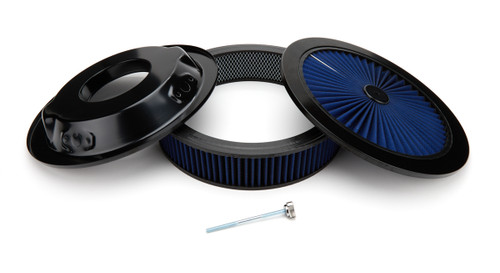 Air Cleaner Assembly - 14 in Round - High Lip - 3 in Element - 5-1/8 in Carb Flange - Drop Base - Flow Through Top - Blue Cotton - Steel - Black Paint - Kit