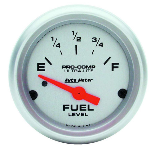 Fuel Level Gauge - Ultra-Lite - 0-90 ohm - Electric - Analog - Short Sweep - 2-1/16 in Diameter - Silver Face - Each