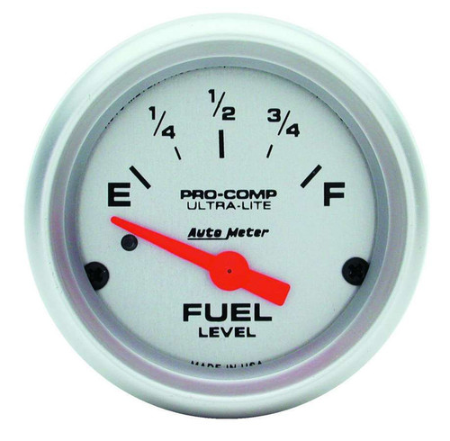 Fuel Level Gauge - Ultra-Lite - 0-90 ohm - Electric - Analog - Short Sweep - 2-1/16 in Diameter - Silver Face - Each Fuel Level Gauge - Ultra-Lite - 0-90 ohm - Electric - Analog - Short Sweep - 2-1/16 in Diameter - Silver Face - Each