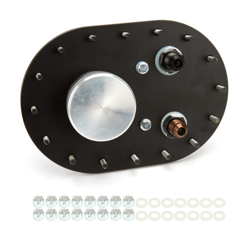 Fuel Cell Filler Plate - Threaded Cap - Flat Mount - 16-Bolt Flange - 8 AN Male Outlet - 8 AN Male Vent - Aluminum - Natural - Kit Fuel Cell Filler Plate - Threaded Cap - Flat Mount - 16-Bolt Flange - 8 AN Male Outlet - 8 AN Male Vent - Aluminum - Natural - Kit