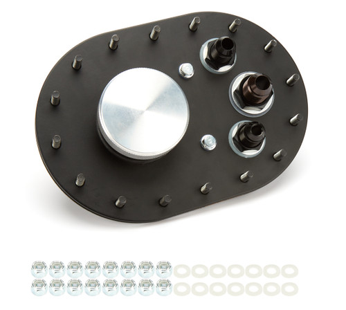 Fuel Cell Filler Plate - Threaded Cap - Flat Mount - 16-Bolt Flange - 10 AN Male Outlet - 8 AN Male Vent - Aluminum - Natural - Kit Fuel Cell Filler Plate - Threaded Cap - Flat Mount - 16-Bolt Flange - 10 AN Male Outlet - 8 AN Male Vent - Aluminum - Natural - Kit