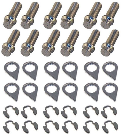Header Bolt - Locking - 3/8-16 in Thread - 1 in Long - 12 Point Head - Steel - Nickel Plated - GM V6 / Small Block Chevy - Set of 12