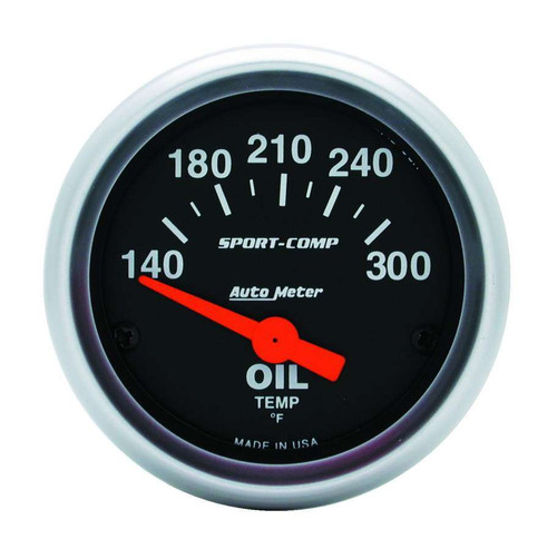 Oil Temperature Gauge - Sport-Comp - 140-300 Degree F - Electric - Analog - Short Sweep - 2-1/16 in Diameter - Black Face - Each