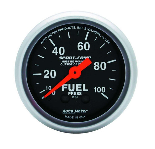 Fuel Pressure Gauge - Sport-Comp - 0-100 psi - Mechanical - Analog - Full Sweep - 2-1/16 in Diameter - Black Face - Each