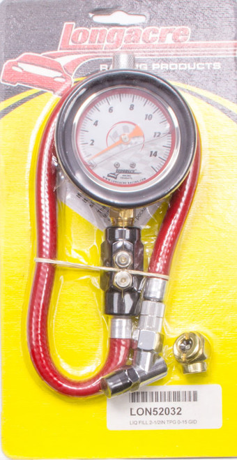 Tire Pressure Gauge - Deluxe - Glow in the Dark - 0-15 psi - Analog - 2-1/2 in Diameter - Liquid Filled - White Face - 1/4 lb Increments - Each Tire Pressure Gauge - Deluxe - Glow in the Dark - 0-15 psi - Analog - 2-1/2 in Diameter - Liquid Filled - White Face - 1/4 lb Increments - Each