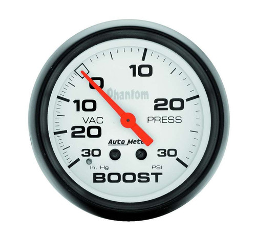 Boost / Vacuum Gauge - Phantom - 30 in HG-30 psi - Mechanical - Analog - 2-5/8 in Diameter - White Face - Each