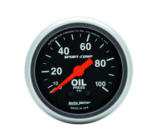 Oil Pressure Gauge - Sport-Comp - 0-100 psi - Mechanical - Analog - Full Sweep - 2-1/16 in Diameter - Black Face - Each