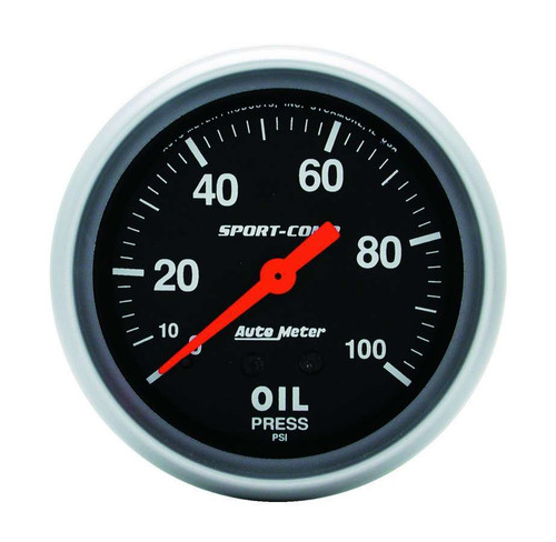 Oil Pressure Gauge - Sport-Comp - 0-100 psi - Mechanical - Analog - Full Sweep - 2-5/8 in Diameter - Black Face - Each
