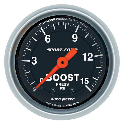 Boost / Vacuum Gauge - Sport-Comp - 0-15 psi - Mechanical - Analog - 2-1/16 in Diameter - Black Face - Each