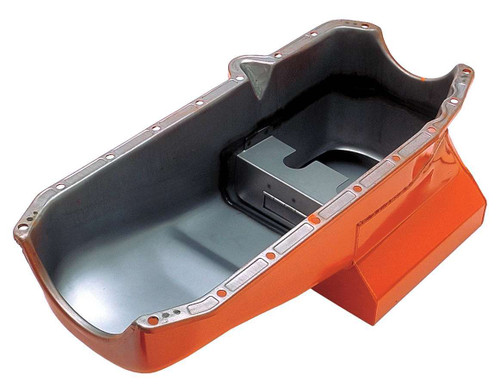 Engine Oil Pan - Street / Strip - Rear Sump - 7 qt - 8-1/4 in Deep - Steel - Orange Paint - Small Block Chevy - Each