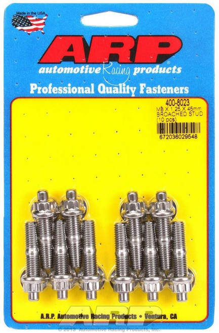 Stud - 8 mm x 1.25 Thread - 1.75 in Long - 12 Point Nuts - Stainless - Polished - Universal - Set of 10