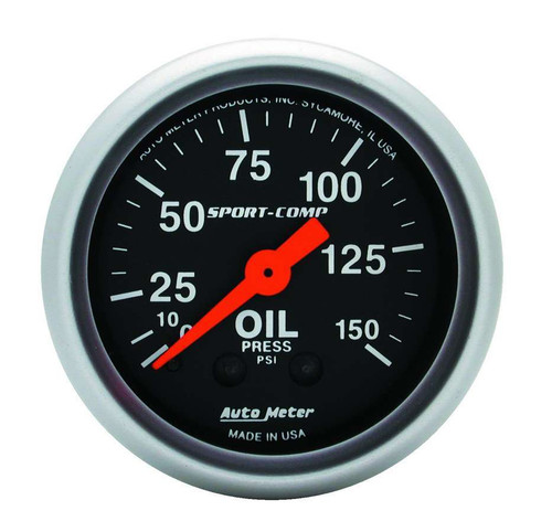 Oil Pressure Gauge - Sport-Comp - 0-150 psi - Mechanical - Analog - Full Sweep - 2-1/16 in Diameter - Black Face - Each Oil Pressure Gauge - Sport-Comp - 0-150 psi - Mechanical - Analog - Full Sweep - 2-1/16 in Diameter - Black Face - Each
