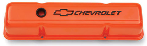 Valve Cover - Tall - Baffled - Breather Hole - Chevrolet Bowtie Logo - Steel - Orange Powder Coat - Small Block Chevy - Pair