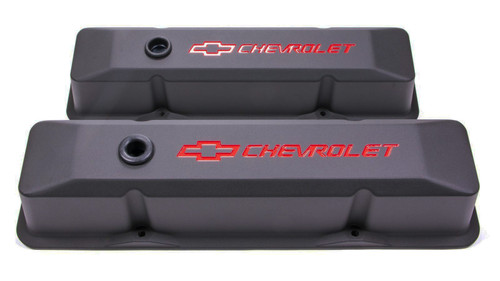 Valve Cover - Die-Cast - Tall - Baffled - Breather Hole - Recessed Chevrolet Bowtie Logo - Aluminum - Black Crinkle Powder Coat - Small Block Chevy - Pair