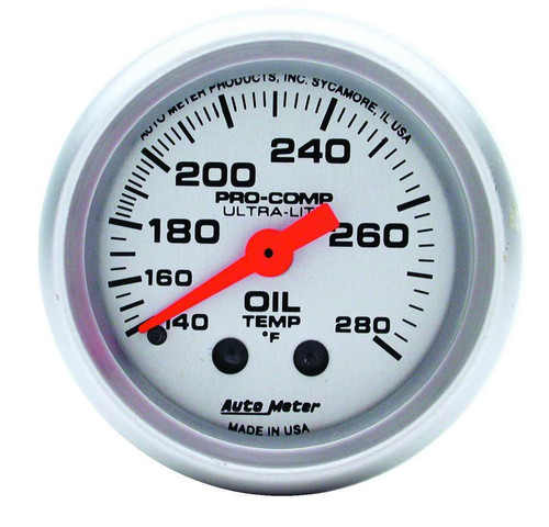 Oil Temperature Gauge - Ultra-Lite - 140-280 Degree F - Mechanical - Analog - Full Sweep - 2-1/16 in Diameter - Silver Face - Each