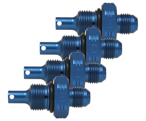 Flow Control Valve - Power Steering - 6 AN Male to 18 mm - ID Marks BCDE - Aluminum - Blue Anodized - Set of 4