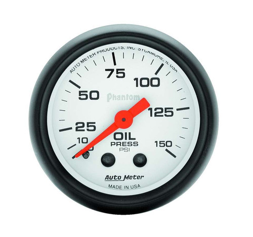Oil Pressure Gauge - Phantom - 0-150 psi - Mechanical - Analog - Full Sweep - 2-1/16 in Diameter - White Face - Each Oil Pressure Gauge - Phantom - 0-150 psi - Mechanical - Analog - Full Sweep - 2-1/16 in Diameter - White Face - Each