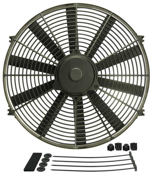 Electric Cooling Fan - Dyno Cool - 16 in Fan - Push / Pull - 1550 CFM - 12V - Straight Blade - 16-7/8 x 16-7/8 in - 3-7/8 in - Install Kit - Plastic - Kit