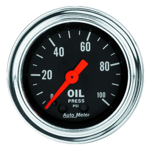 Oil Pressure Gauge - Traditional Chrome - 0-100 psi - Mechanical - Analog - Full Sweep - 2-1/16 in Diameter - Black Face - Each