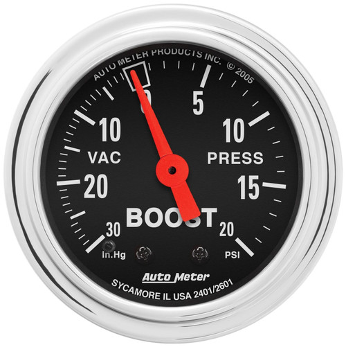 Boost / Vacuum Gauge - Traditional Chrome - 30 in HG-20 psi - Mechanical - Analog - 2-1/16 in Diameter - Black Face - Each Boost / Vacuum Gauge - Traditional Chrome - 30 in HG-20 psi - Mechanical - Analog - 2-1/16 in Diameter - Black Face - Each