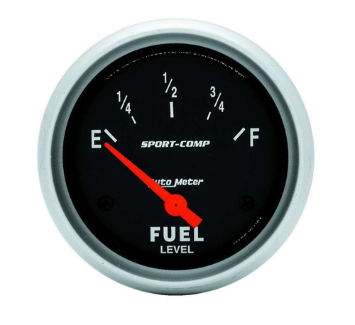 Fuel Level Gauge - Sport-Comp - 0-90 ohm - Electric - Analog - Short Sweep - 2-5/8 in Diameter - Black Face - Each