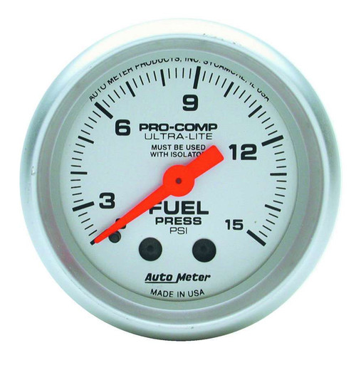 Fuel Pressure Gauge - Ultra-Lite - 0-15 psi - Mechanical - Analog - Full Sweep - 2-1/16 in Diameter - Silver Face - Each