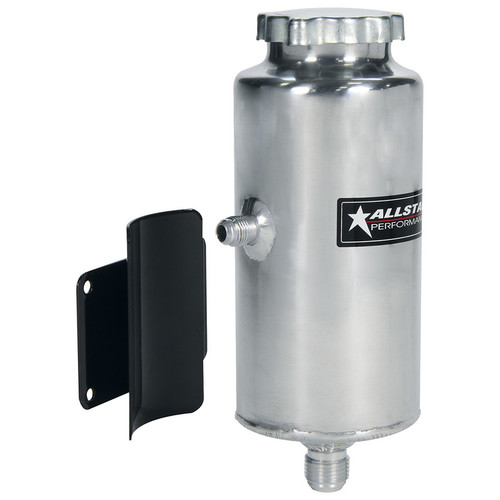 Power Steering Reservoir - Economy - 8 in Tall x 3 in OD - 6 AN Male Inlet - 10 AN Male Outlet - Bracket - Aluminum - Natural - Kit