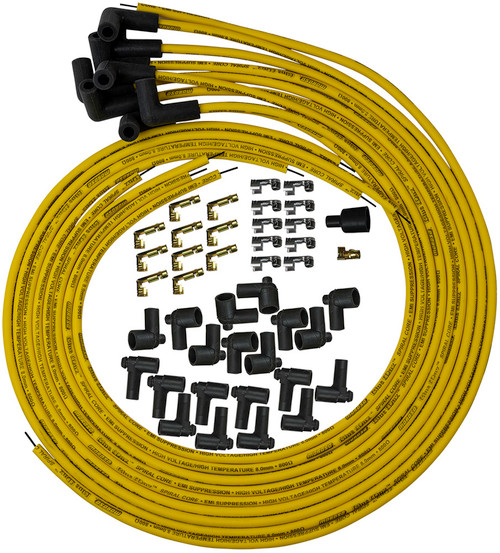 Spark Plug Wire Set - Blue Max - Spiral Core - 8 mm - Yellow - 90 Degree Plug Boots - HEI / Socket Style - Cut-To-Fit - V8 - Kit