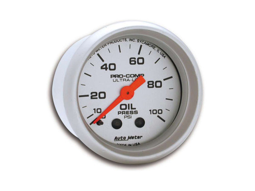 Oil Pressure Gauge - Ultra-Lite - 0-100 psi - Mechanical - Analog - Full Sweep - 2-1/16 in Diameter - Silver Face - Each